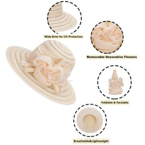 Wide-Brim Kentucky-Organza-Derby-Hat for Women Lady Tea Party Fascinators Cap Church Wedding Cap with Flower Beige