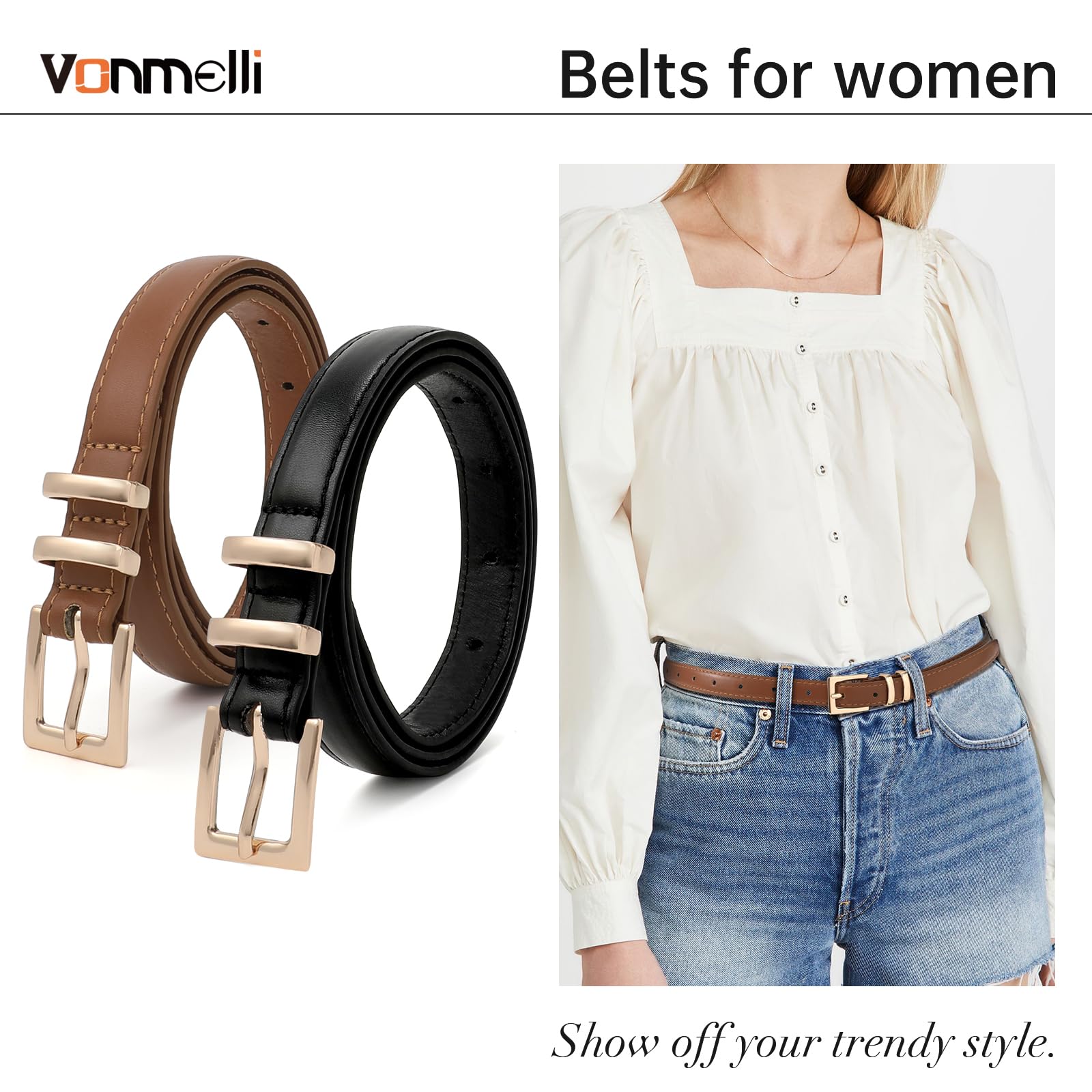 VONMELLI Leather Thin Belts for Women 2 Pack Women's Skinny Belt Ladies Belts for Jeans Dress with Bright Gold Buckle Black Brown S