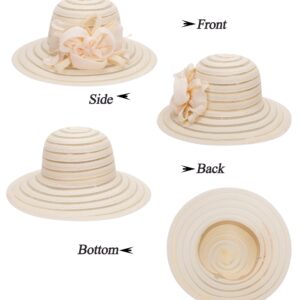 Wide-Brim Kentucky-Organza-Derby-Hat for Women Lady Tea Party Fascinators Cap Church Wedding Cap with Flower Beige