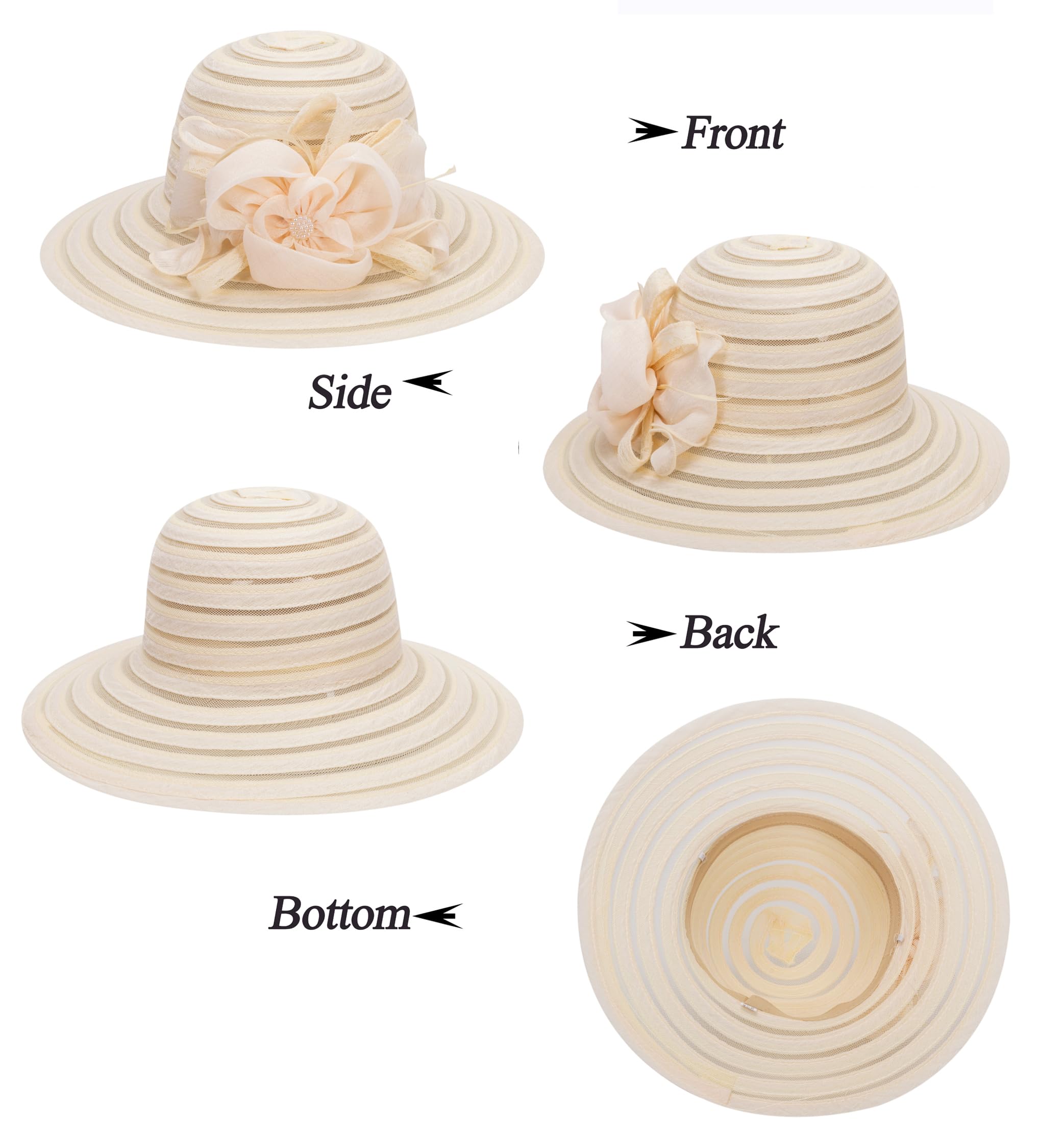 Wide-Brim Kentucky-Organza-Derby-Hat for Women Lady Tea Party Fascinators Cap Church Wedding Cap with Flower Beige