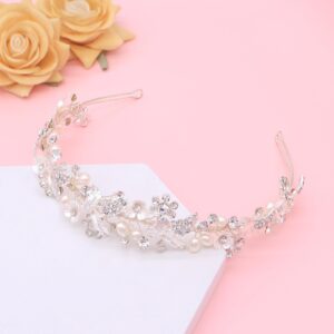 Oriamour Rhinestone Bridal Headband With Pearls Handmade Crystal Wedding Headpieces for Brides Wedding Hair Accessories for Bridesmaid Flower Girl (Silver)