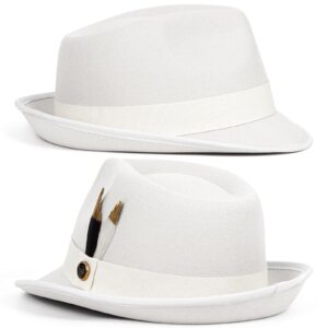 FADACHY Fedora Hats for Men & Women Short Brim Felt Hat Trilby Fedora with Feather Panama Dress Hat White Fedora M-L