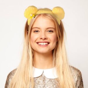 Yellow Plush Winnie the Pooh-Style Fashion Bear Ears Headband with Hair Ties and Ponytail Holders - Cute Costume Accessories for Kids and Women