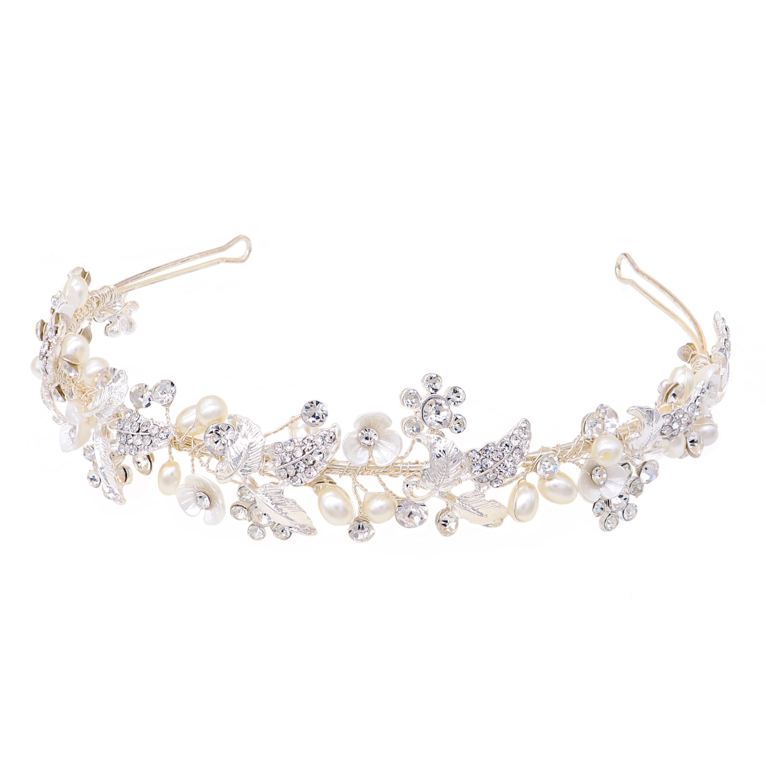 Oriamour Rhinestone Bridal Headband With Pearls Handmade Crystal Wedding Headpieces for Brides Wedding Hair Accessories for Bridesmaid Flower Girl (Silver)