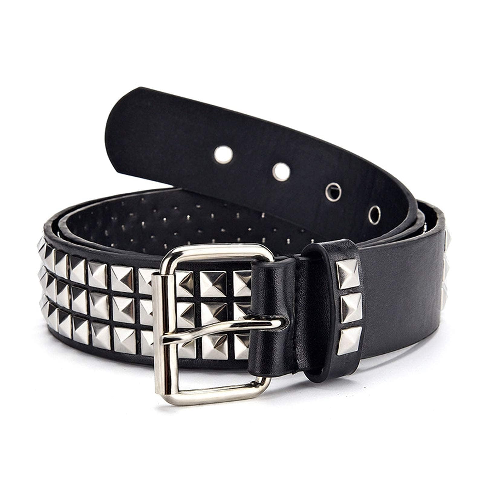 FOCAST Black Studded Belt Punk Rock Rivet Belt Grommet Threads Belt with Bright Metal Pyramid for Women Men (Black, Fit Pant (Black, Fit Pant 27-32 inch)