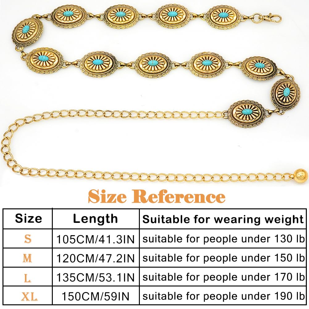 Liutufy Women's Turquoise Concho Chain Belt Western Cowgirl Metal Waist Chain Belt for Dress (B Gold-M)