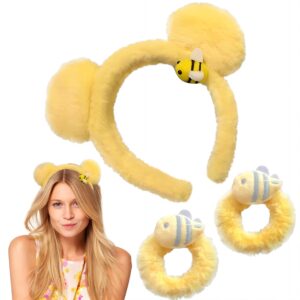 yellow plush winnie the pooh-style fashion bear ears headband with hair ties and ponytail holders - cute costume accessories for kids and women