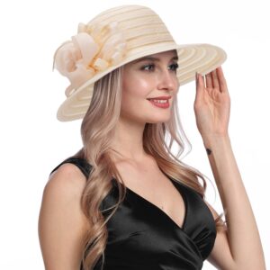 Wide-Brim Kentucky-Organza-Derby-Hat for Women Lady Tea Party Fascinators Cap Church Wedding Cap with Flower Beige