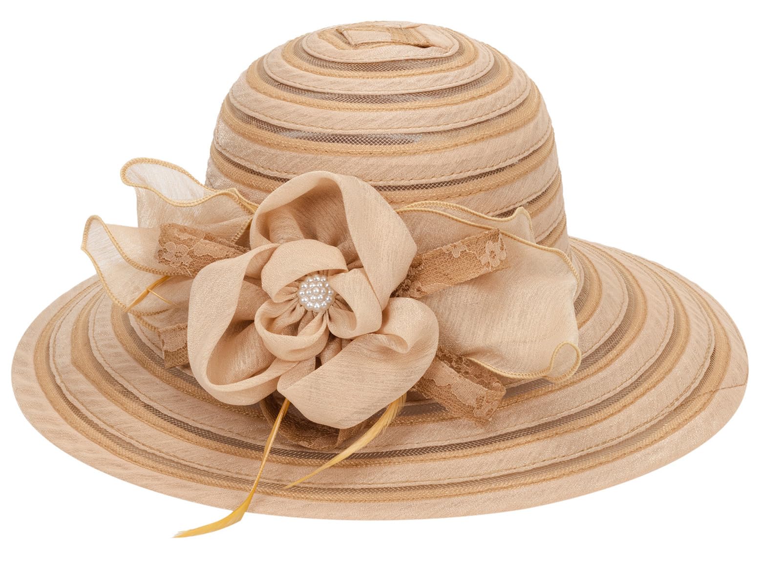 Kentucky Organza Wide Brim Sun Hat Summer Derby Hats for Tea Party Wide Brim Bowler Cap Khaki