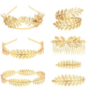 Wecoe 7pcs/Set Gold Leaf Headbands Hair Clips Headpieces Arm Cuff For Women Girls Gold Leaf Tiara Crown Flower Girl Bridal Wedding Halo Headband Greek Goddess Toga Costume Hair Accessories For Women