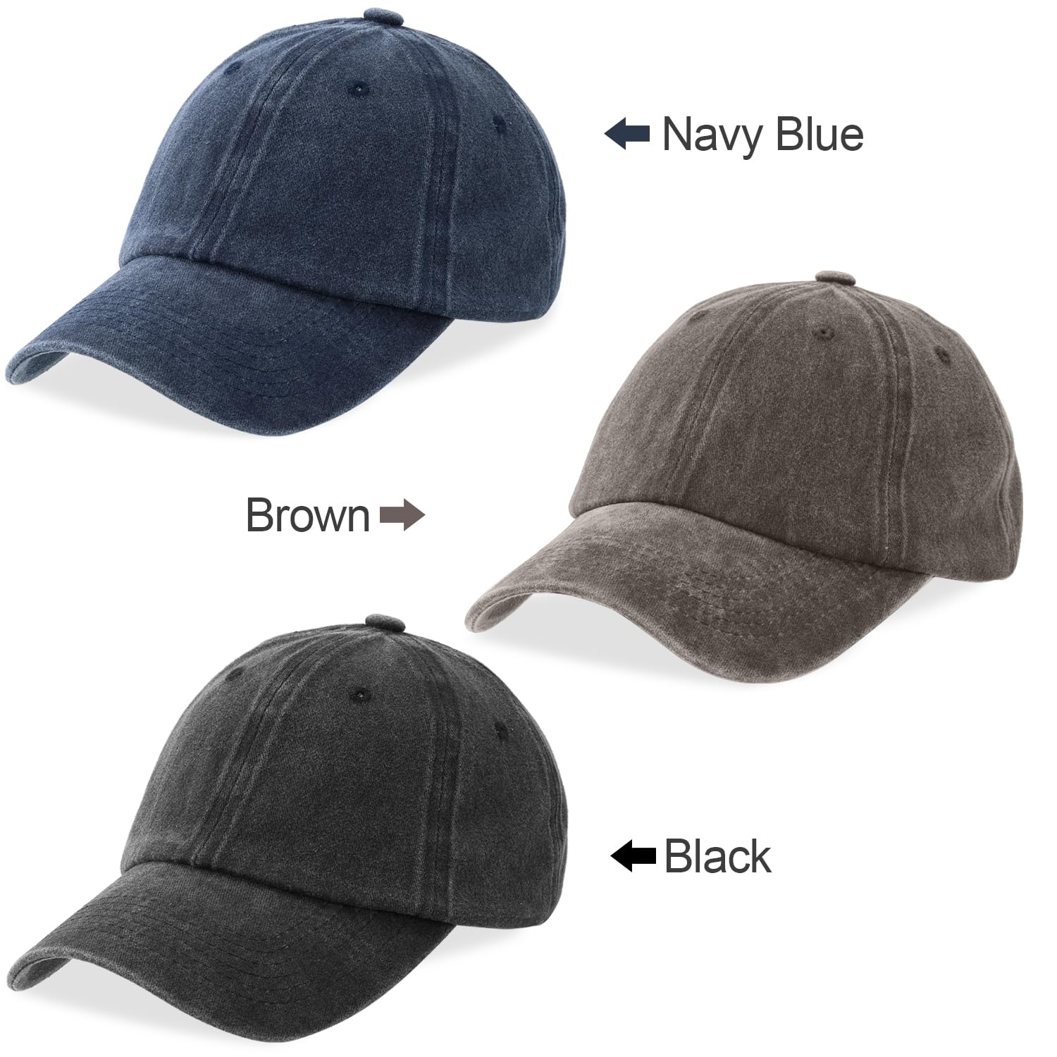 MEINICY 3 Pack Washed Plain Baseball Cap, Retro Adjustable Dad Hats Gift for Men/Women,Unstructured/Cotton(Black + Navy Blue+ Brown)