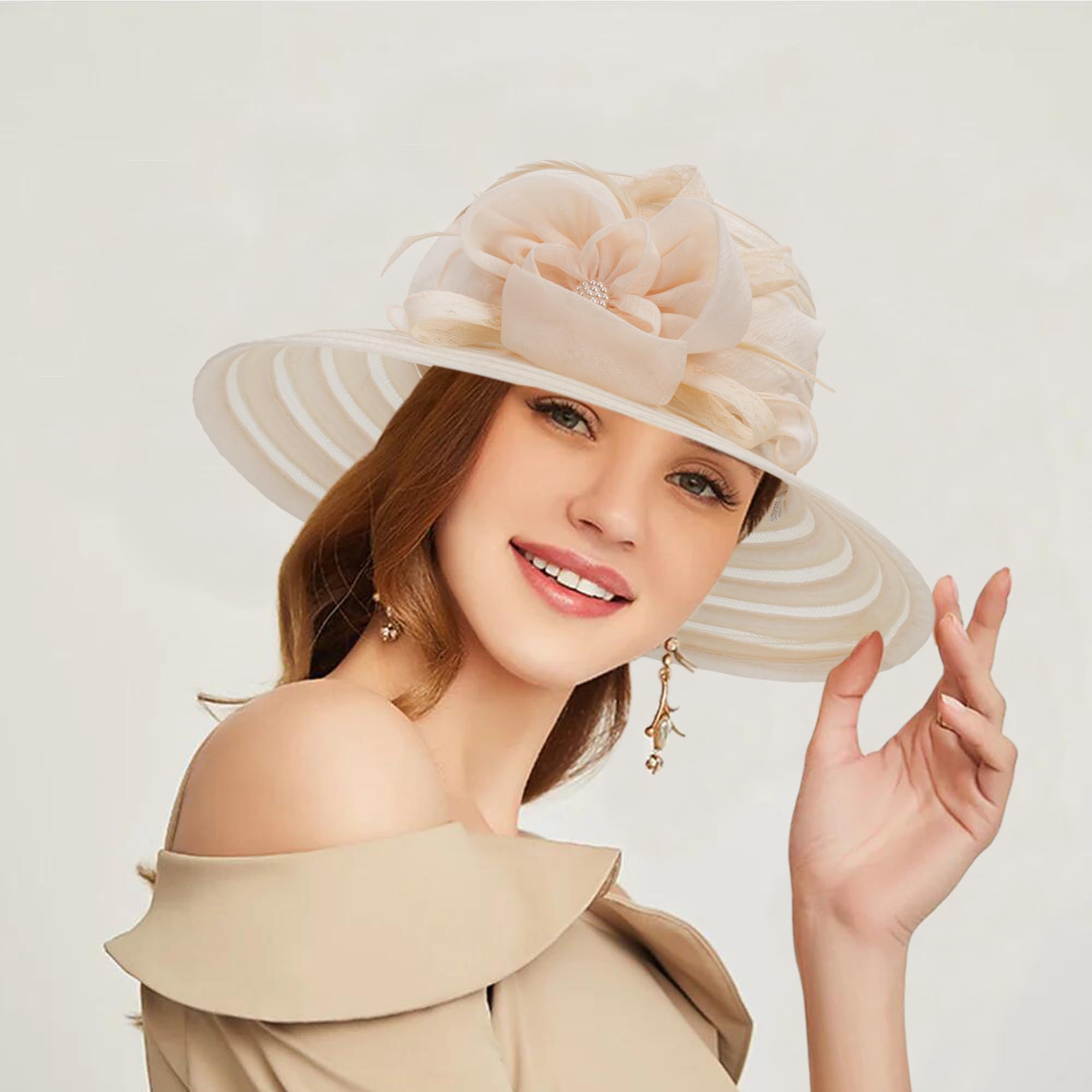 Eohak Women Organza Church Hat Wedding Hat - Derby Fascinator Hat Tea Party Church Bridal Flower Hat Beige