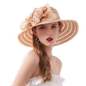 Kentucky Organza Wide Brim Sun Hat Summer Derby Hats for Tea Party Wide Brim Bowler Cap Khaki