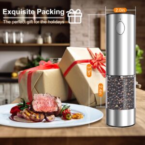 Enutogo Electric Salt and Pepper Grinder Set, Rechargeable Salt and Pepper Shakers Refillable, Automatic Pepper Mill with Adjustable Coarseness, One Hand Operation with LED light, Stainless Steel