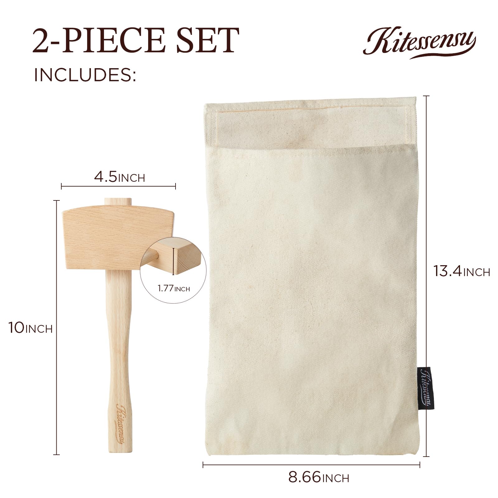 KITESSENSU Lewis Ice Bag and Mallet for Crushed Ice, Canvas Bag & Wooden Mallet Bar Tools Bartender Kit, Ice Crushers for Home Use