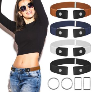 【4 Pcs】No Buckle Stretch Belt for Women and Men Elastic Waist Belt Invisible Belts for Jeans Pants (4Pcs Set A, L-XXL:Waist Size 32''-49'')