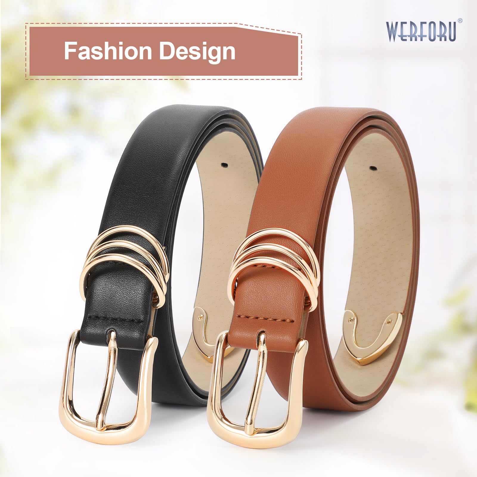 WERFORU 2 Pack Women Leather Belt for Jeans Pants, Ladies Leather Belt with Gold Buckle