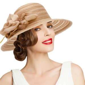 Kentucky Organza Wide Brim Sun Hat Summer Derby Hats for Tea Party Wide Brim Bowler Cap Khaki