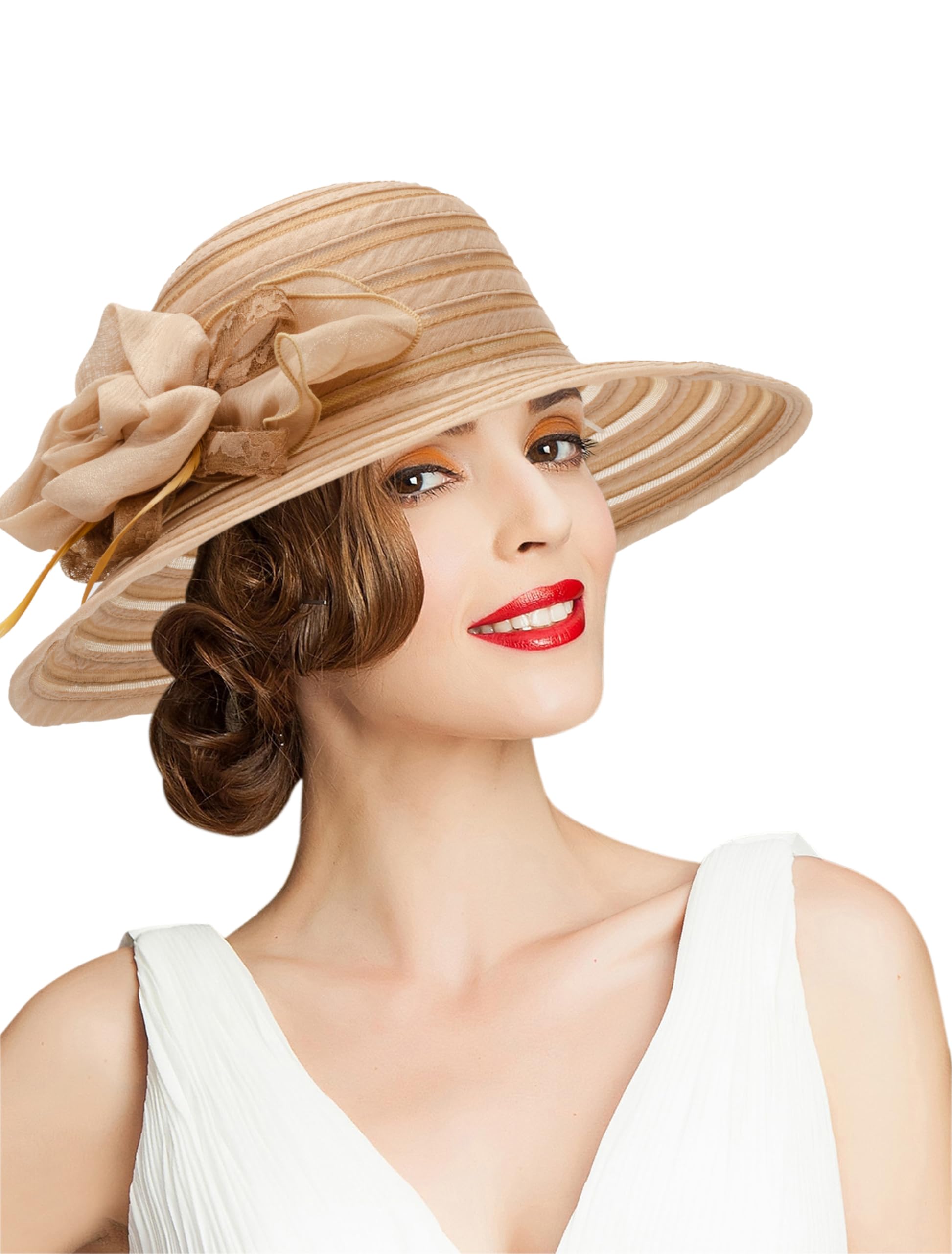 Kentucky Organza Wide Brim Sun Hat Summer Derby Hats for Tea Party Wide Brim Bowler Cap Khaki