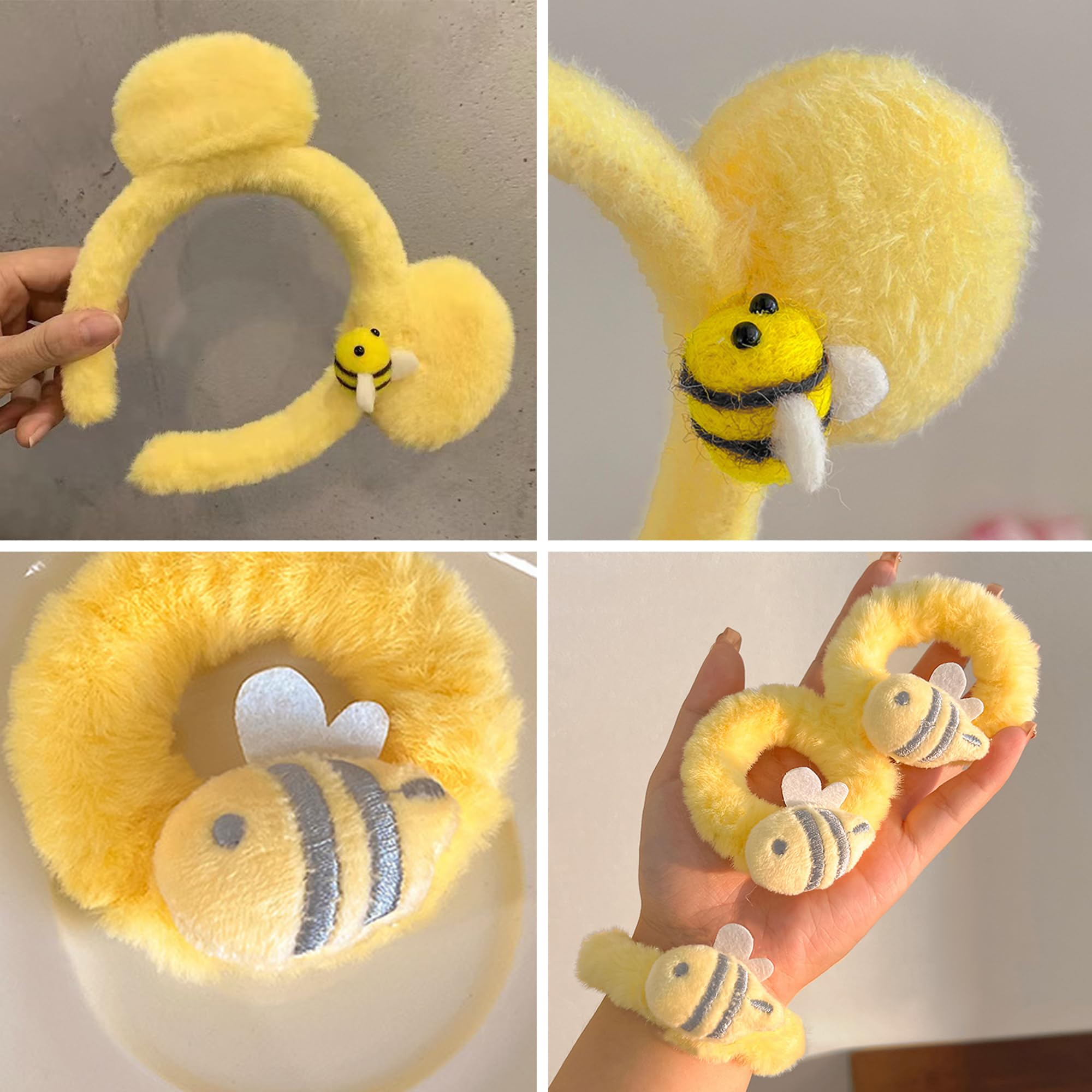 Yellow Plush Winnie the Pooh-Style Fashion Bear Ears Headband with Hair Ties and Ponytail Holders - Cute Costume Accessories for Kids and Women