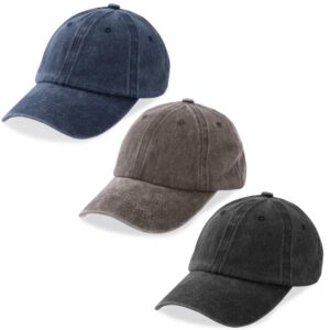 meinicy 3 pack washed plain baseball cap, retro adjustable dad hats gift for men/women,unstructured/cotton(black + navy blue+ brown)