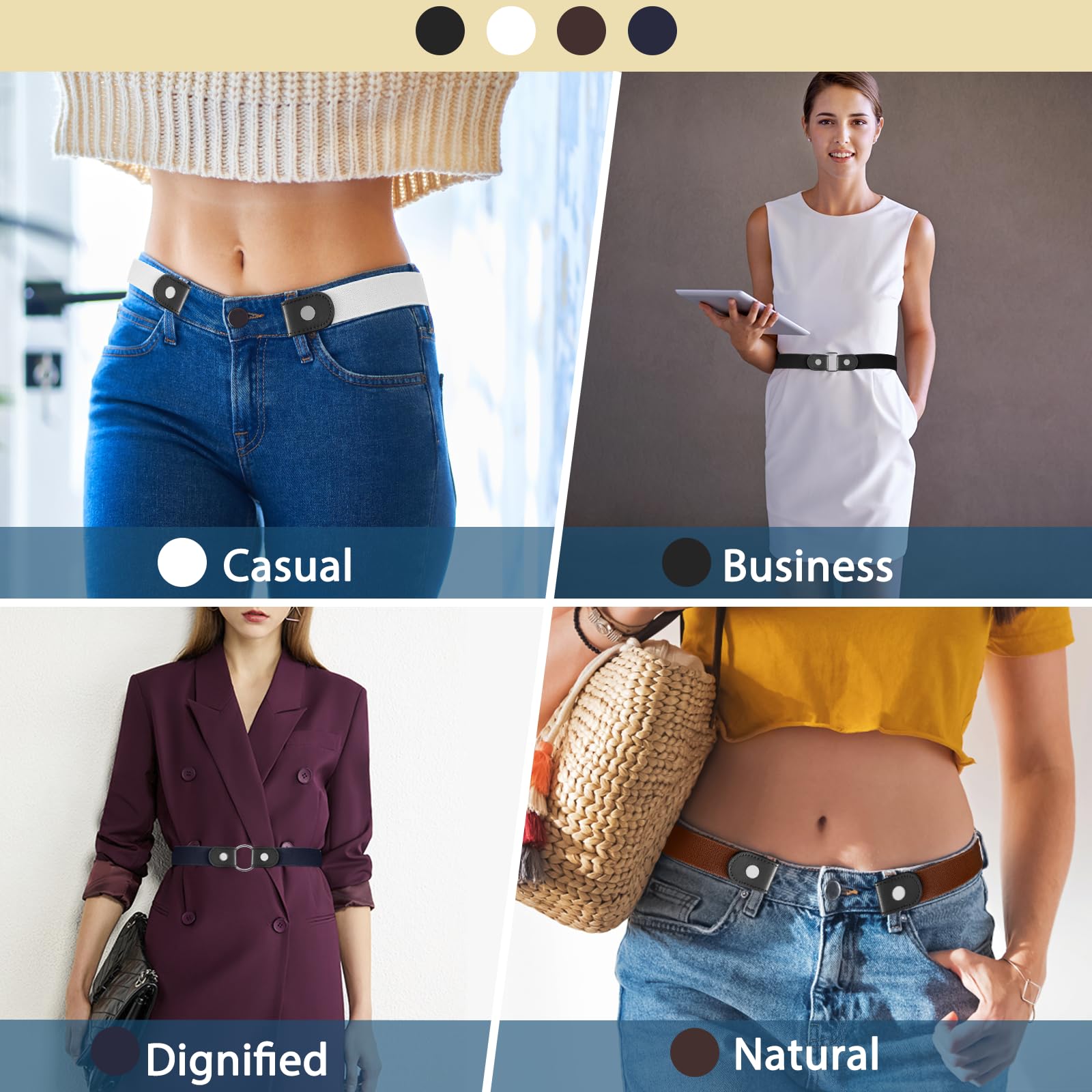 【4 Pcs】No Buckle Stretch Belt for Women and Men Elastic Waist Belt Invisible Belts for Jeans Pants (4Pcs Set A, L-XXL:Waist Size 32''-49'')