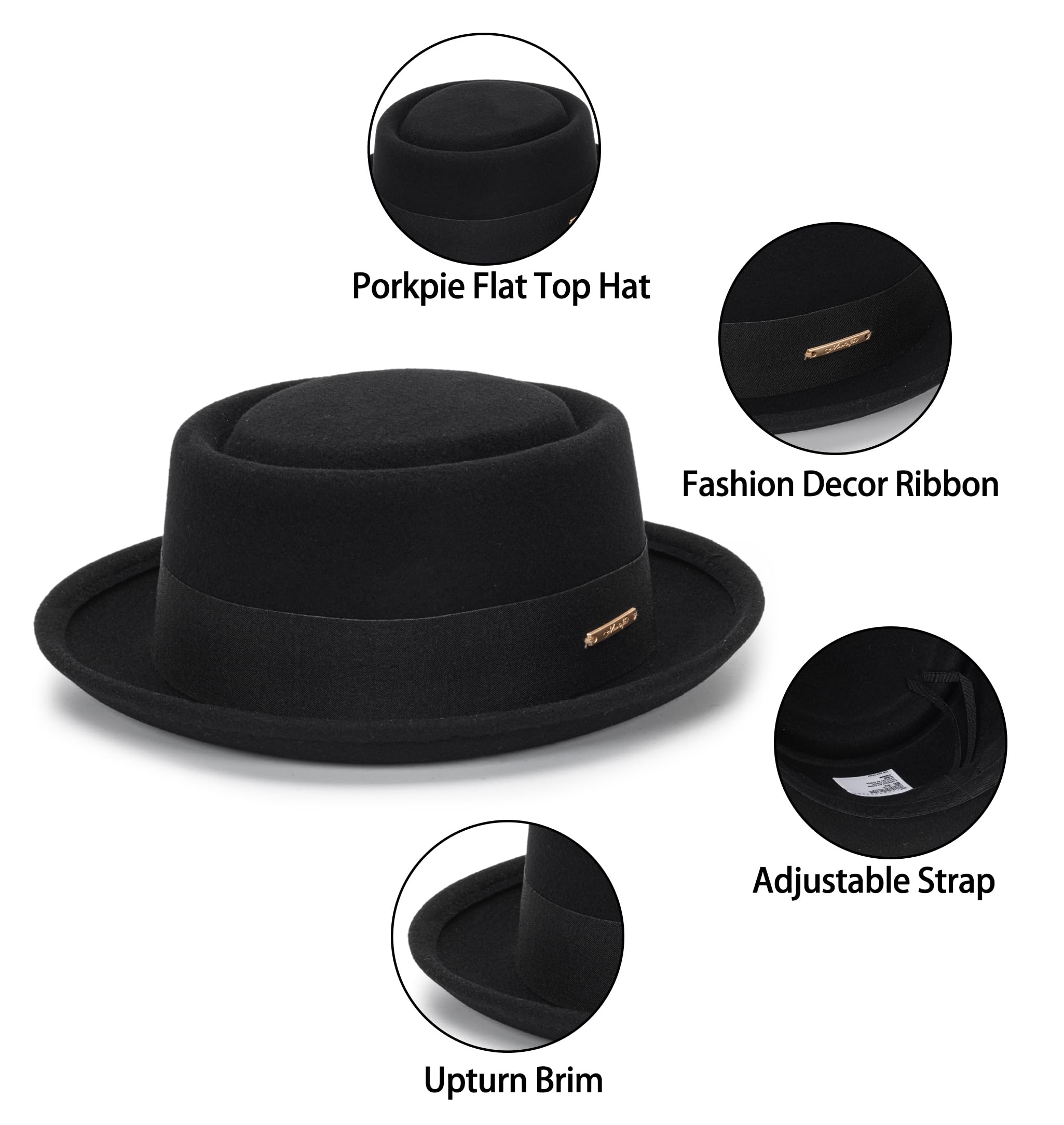 Classic 1920s Pure-Wool Roll-Brim Pork- Pie Fedora-Hat Men Women - Crushable Short-Brim Church Hat Boater-Hat Black