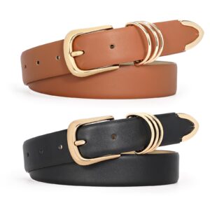 werforu 2 pack women leather belt for jeans pants, ladies leather belt with gold buckle