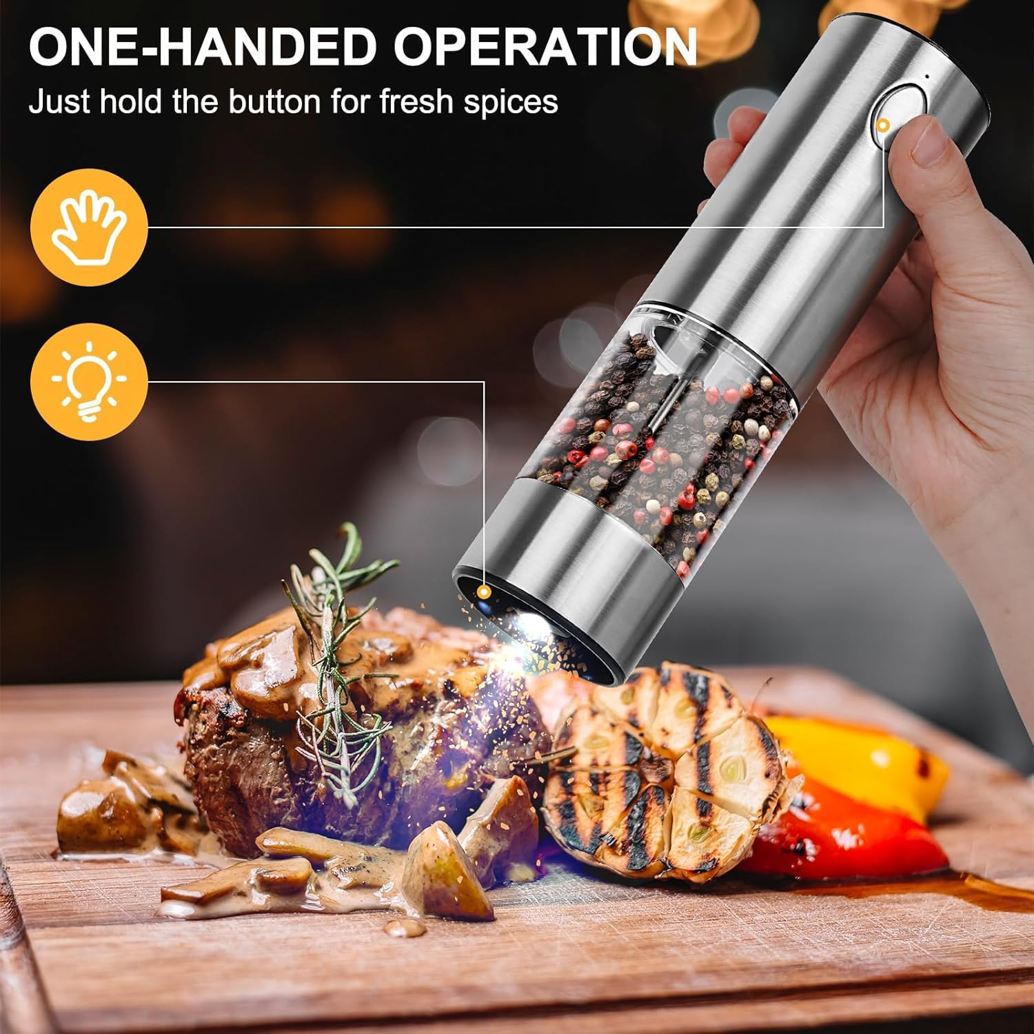 Enutogo Electric Salt and Pepper Grinder Set, Rechargeable Salt and Pepper Shakers Refillable, Automatic Pepper Mill with Adjustable Coarseness, One Hand Operation with LED light, Stainless Steel