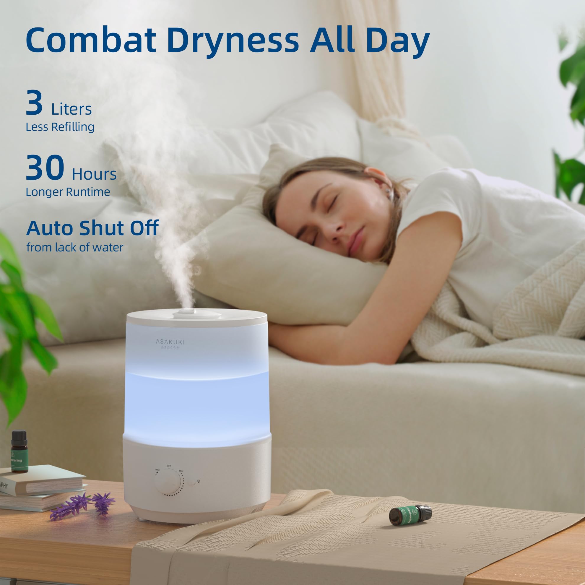 ASAKUKI Humidifiers for Bedroom, 3L Top Fill Cool Mist Humidifiers for Baby Nursery & Plants, 3-IN-1 Quiet Air Humidifier, Oil Diffuser & Night Light for Large Room Home, Auto Shut-off, BPA-Free, 30H