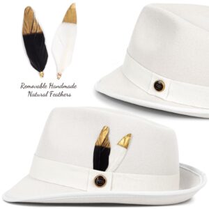 FADACHY Fedora Hats for Men & Women Short Brim Felt Hat Trilby Fedora with Feather Panama Dress Hat White Fedora M-L