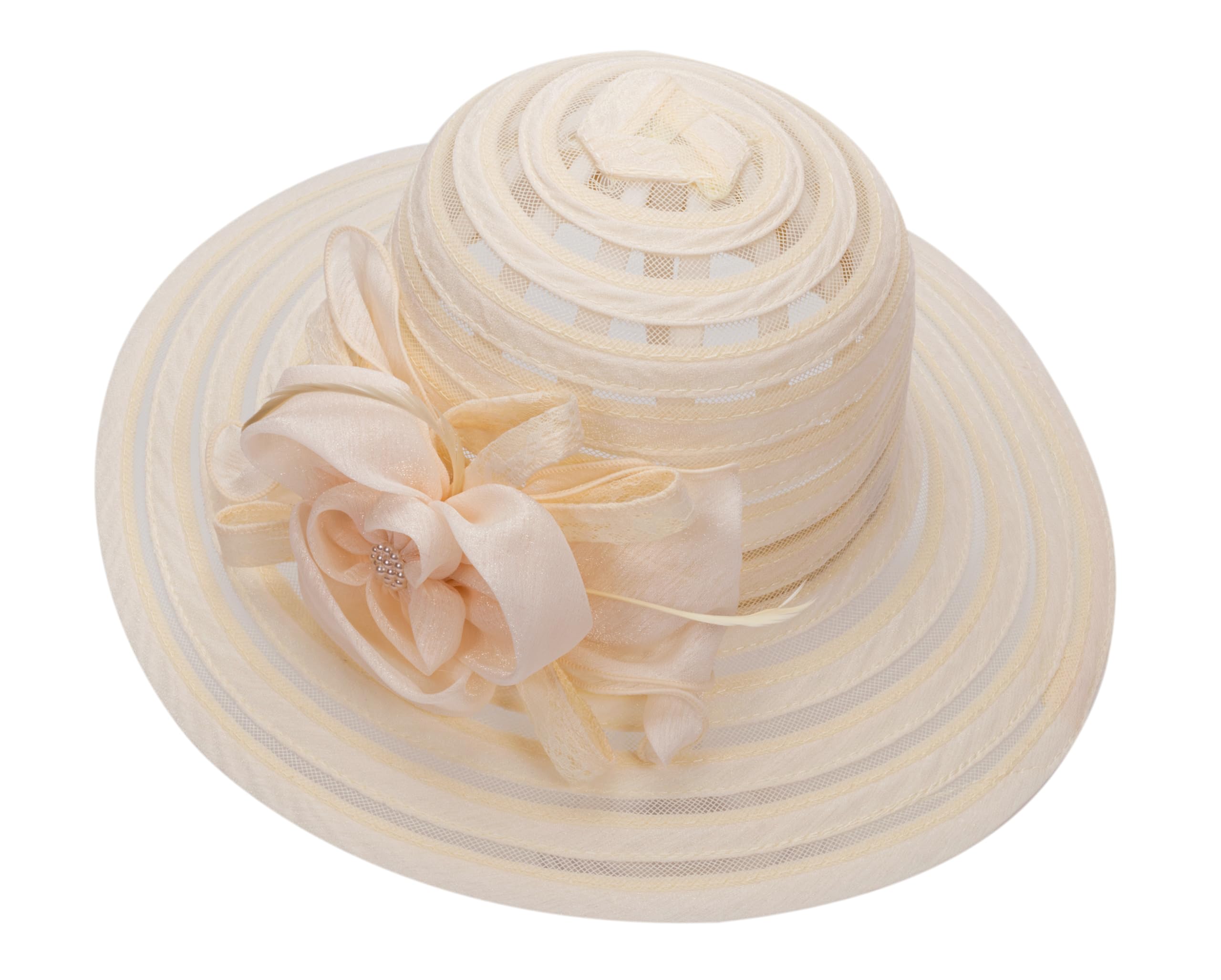 Wide-Brim Kentucky-Organza-Derby-Hat for Women Lady Tea Party Fascinators Cap Church Wedding Cap with Flower Beige