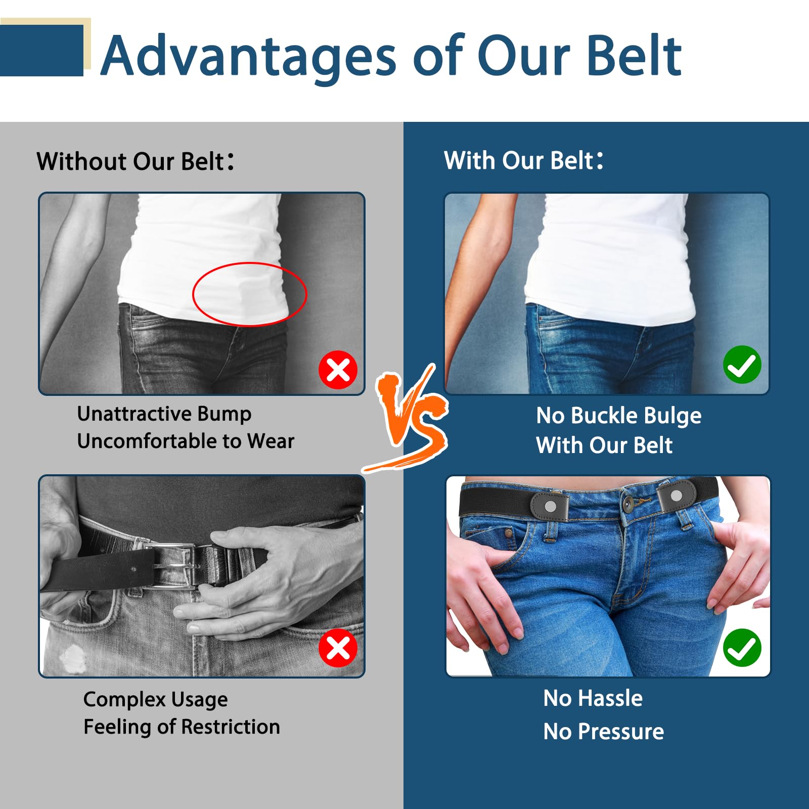 【4 Pcs】No Buckle Stretch Belt for Women and Men Elastic Waist Belt Invisible Belts for Jeans Pants (4Pcs Set A, L-XXL:Waist Size 32''-49'')