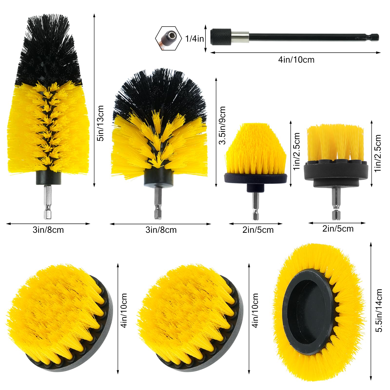 ETOUPA 8 Pcs Drill Brush Attachment Set, Power Cleaning Scrub Brush Kit with Extend Long Attachment, All Purpose Drill Scrub Brushes for Car, Grout, Floor, Tub, Bathroom and Kitchen (Yellow)