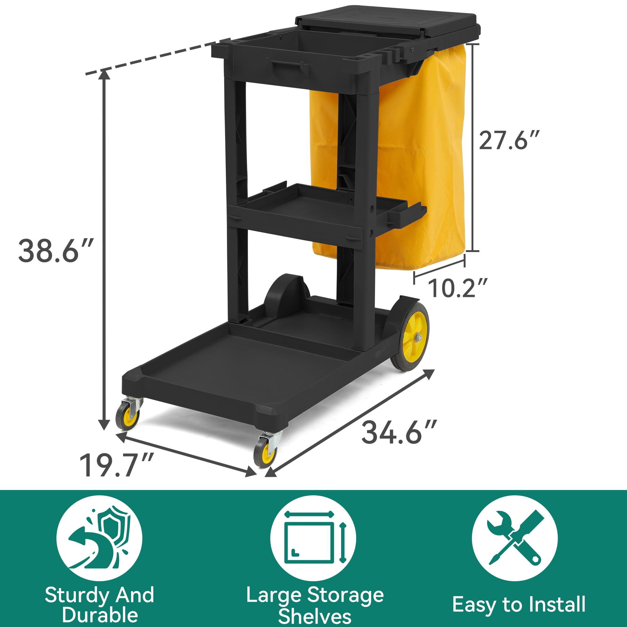 YITAHOME Cleaning Carts on Wheels, Janitorial Cart, 3-Shelf Commercial Traditional Plastic Housekeeping Cart, with 2 Yellow 25 Gallon Vinyl Bag and Pair of Rubber Gloves, Black