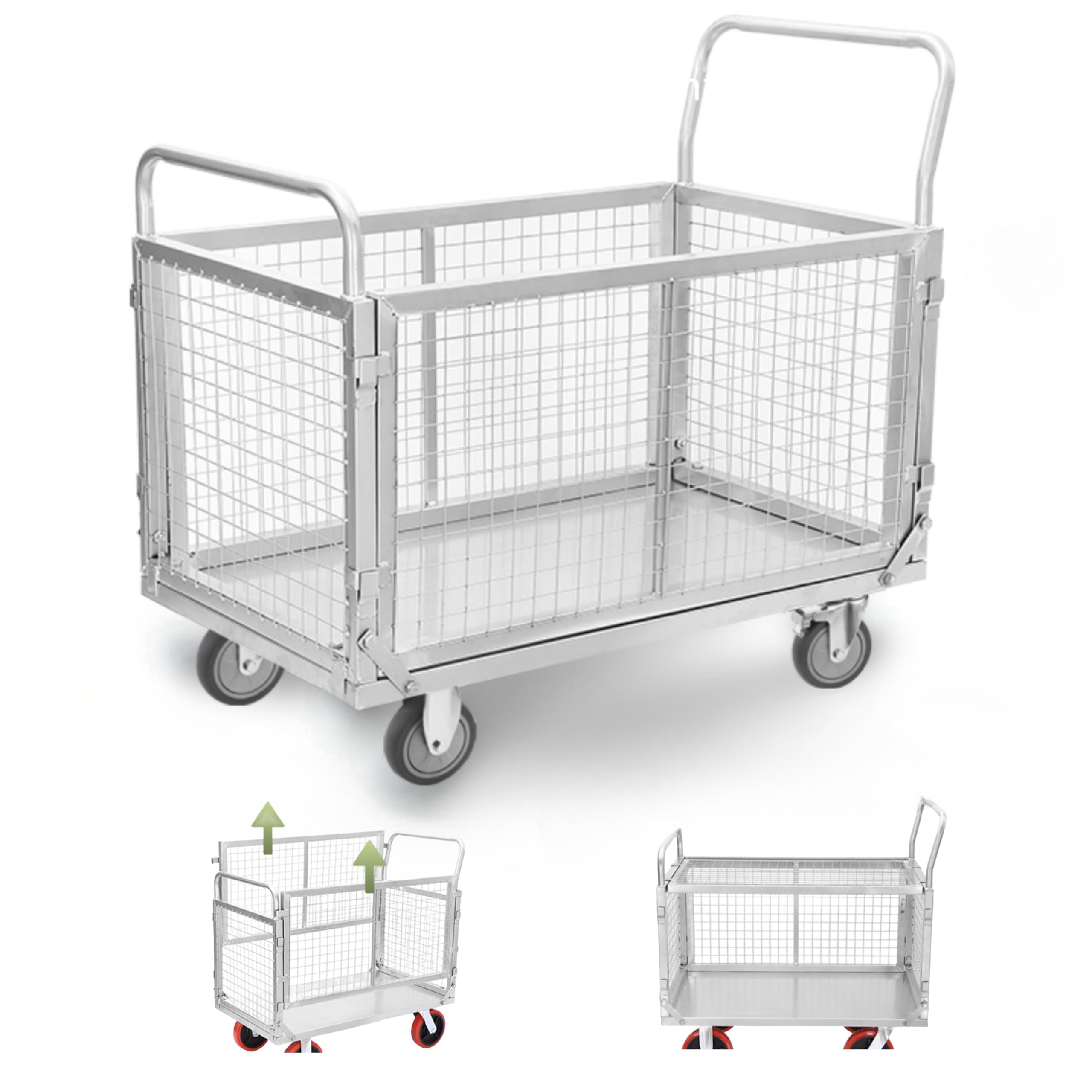 Platform Truck Cart with Cage Heavy-Duty Hand Cart 1600 lb Capacity Commercial Multi-Use Silent Durable Wheels Easy to Clean for Industrial Warehouse Supermarket Medical Facilities