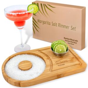 margarita salt rimmer set for up to 6" rims - bamboo 'let's celebrate today' wood margarita rimmer set w/bowl & room for margarita accessories- margarita sugar rimmer for cocktails