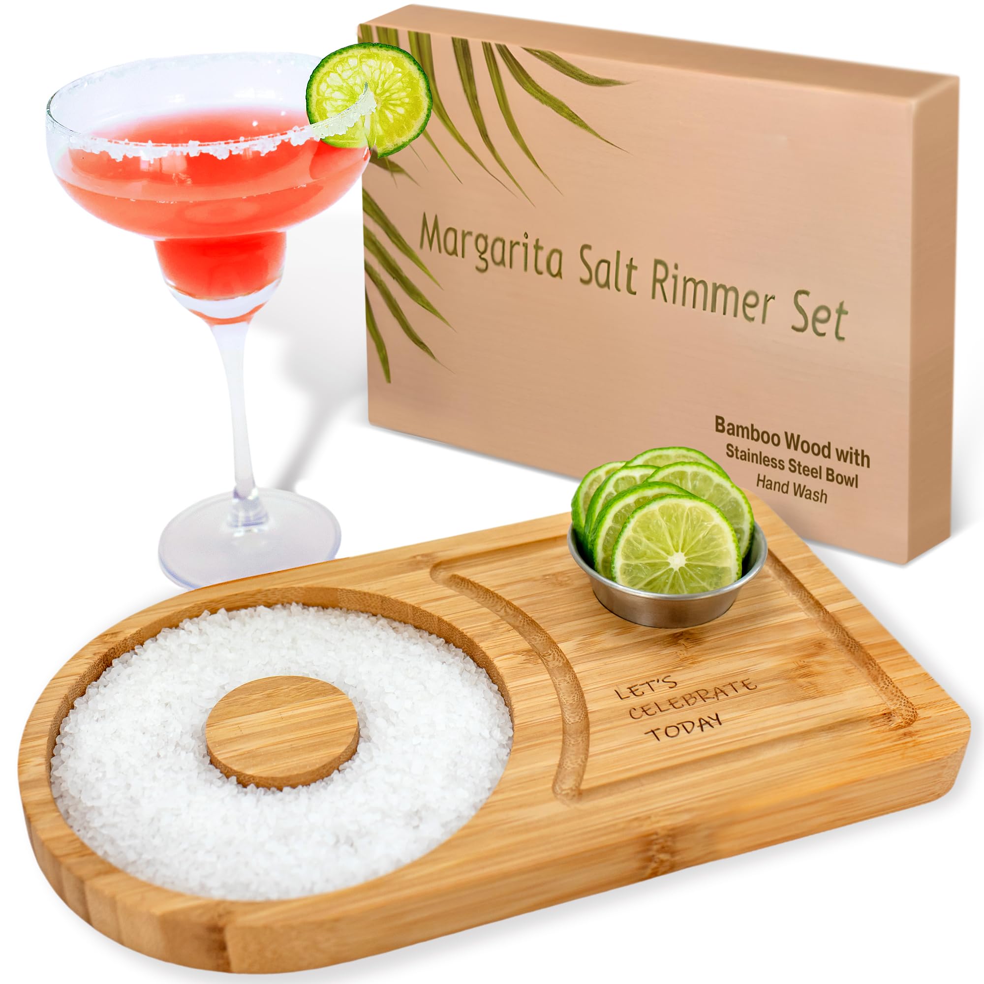 Margarita Salt Rimmer Set for up to 6" Rims - Bamboo 'Let's Celebrate Today' Wood Margarita Rimmer Set w/Bowl & Room for Margarita Accessories- Margarita Sugar Rimmer for Cocktails