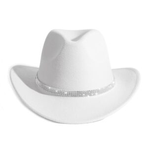 HUDANHUWEI Shiny Rhinestone Cowgirl Hat Bling Wide Brim Cowboy Hat Party Classic White