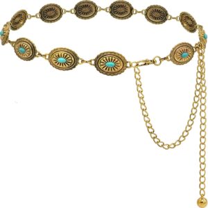 liutufy women's turquoise concho chain belt western cowgirl metal waist chain belt for dress (b gold-m)