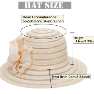 Wide-Brim Kentucky-Organza-Derby-Hat for Women Lady Tea Party Fascinators Cap Church Wedding Cap with Flower Beige