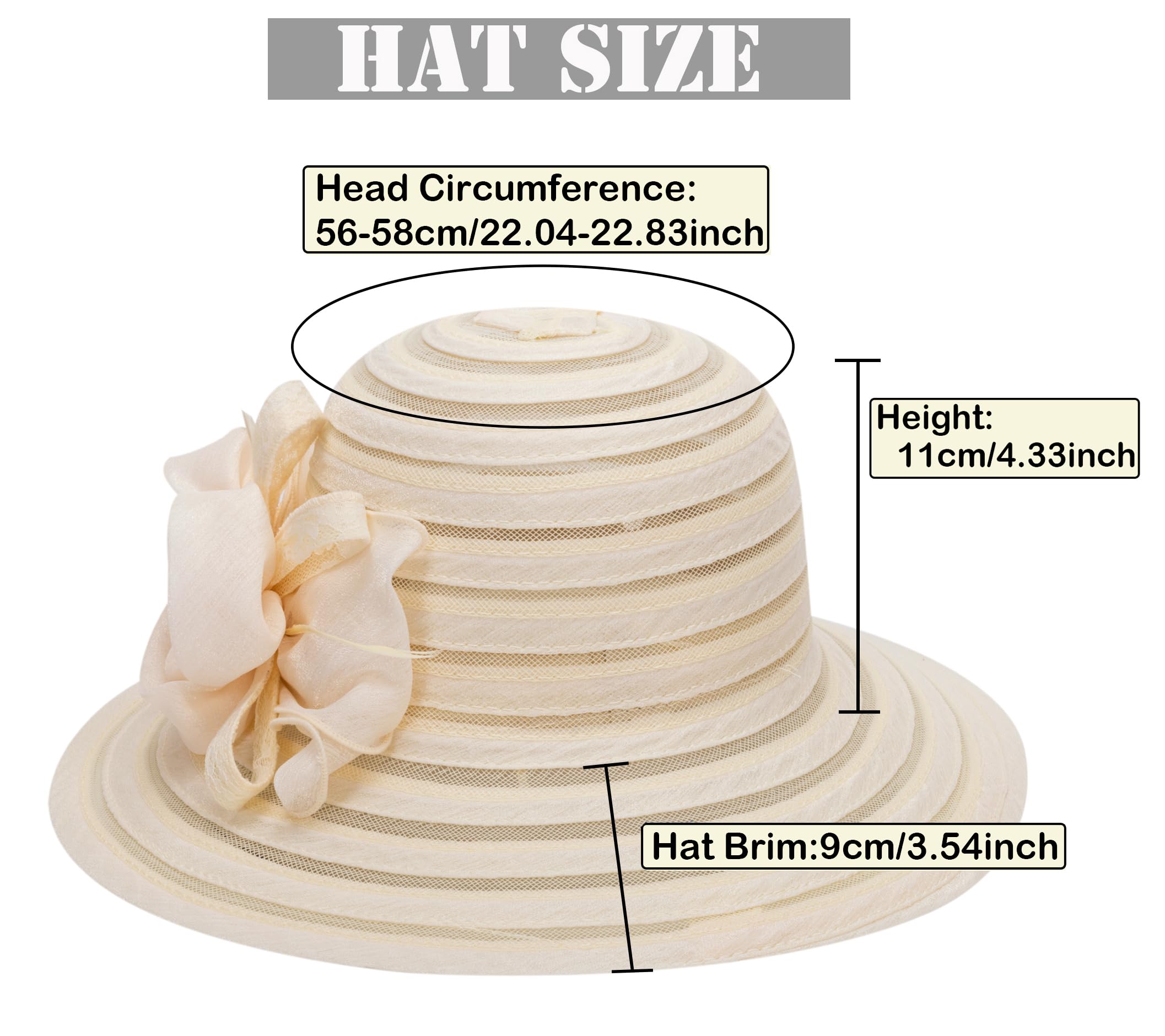 Wide-Brim Kentucky-Organza-Derby-Hat for Women Lady Tea Party Fascinators Cap Church Wedding Cap with Flower Beige