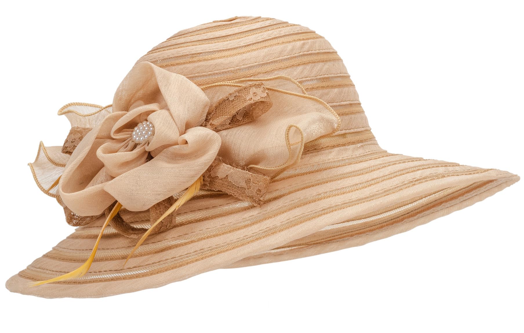 Kentucky Organza Wide Brim Sun Hat Summer Derby Hats for Tea Party Wide Brim Bowler Cap Khaki