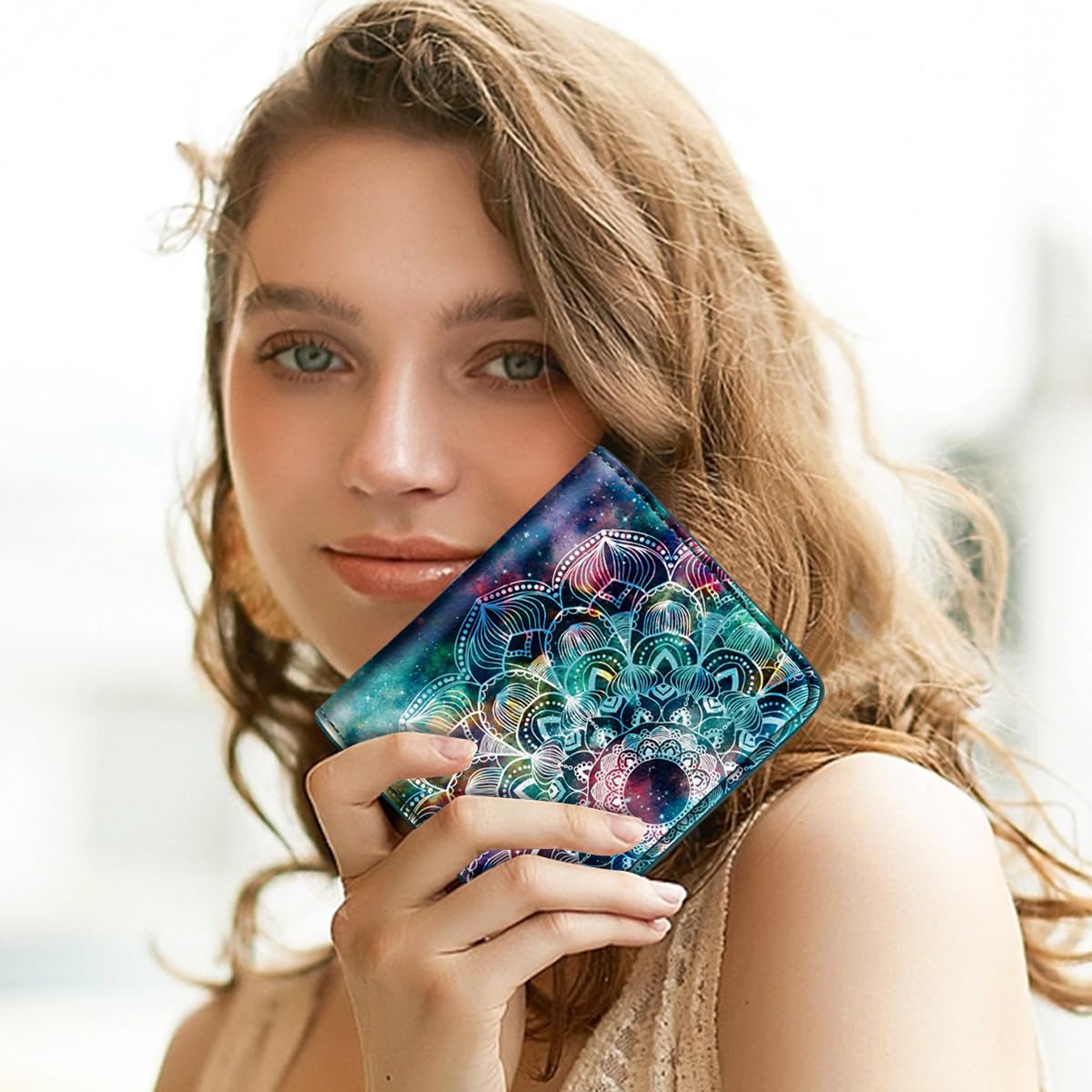 Simikol Womens Small RFID Blocking Wallet Compact Bifold Pocket Cute Credit Card Holder Leather Coin Slot Ladies Mini Purse with ID Window, Mandala Nebula