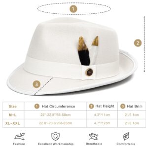 FADACHY Fedora Hats for Men & Women Short Brim Felt Hat Trilby Fedora with Feather Panama Dress Hat White Fedora M-L