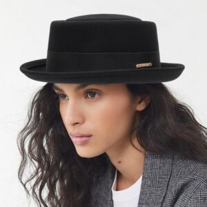 Classic 1920s Pure-Wool Roll-Brim Pork- Pie Fedora-Hat Men Women - Crushable Short-Brim Church Hat Boater-Hat Black