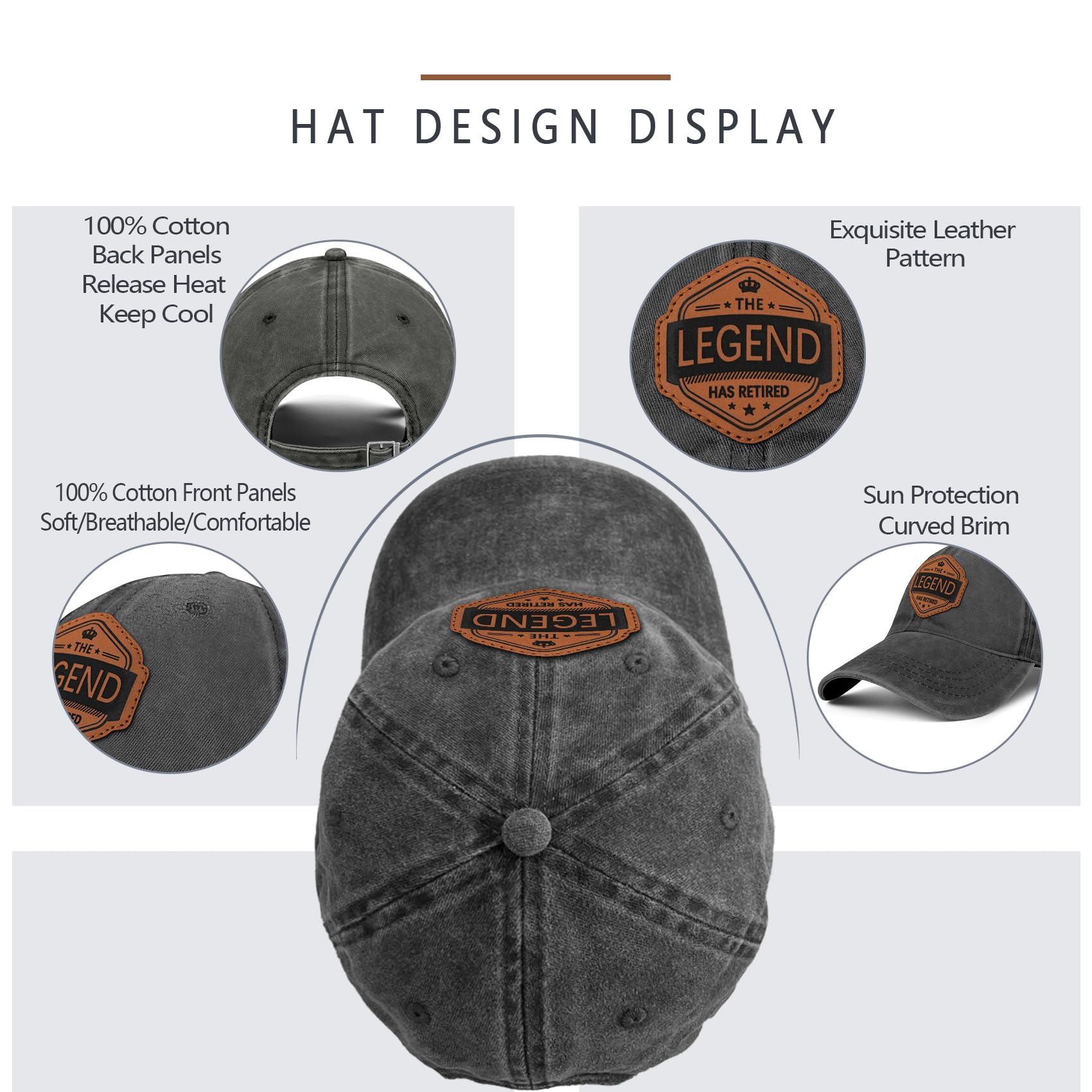 Retired Hat Retirement Gifts for Men Women The Legend Has Retired Leather Pattern 100% Cotton Baseball Cap