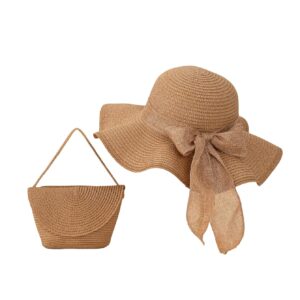 Verdusa Women's Bow Wide Brim Straw Sun Hat and Crossbody Straw Bag Set Khaki One-Size