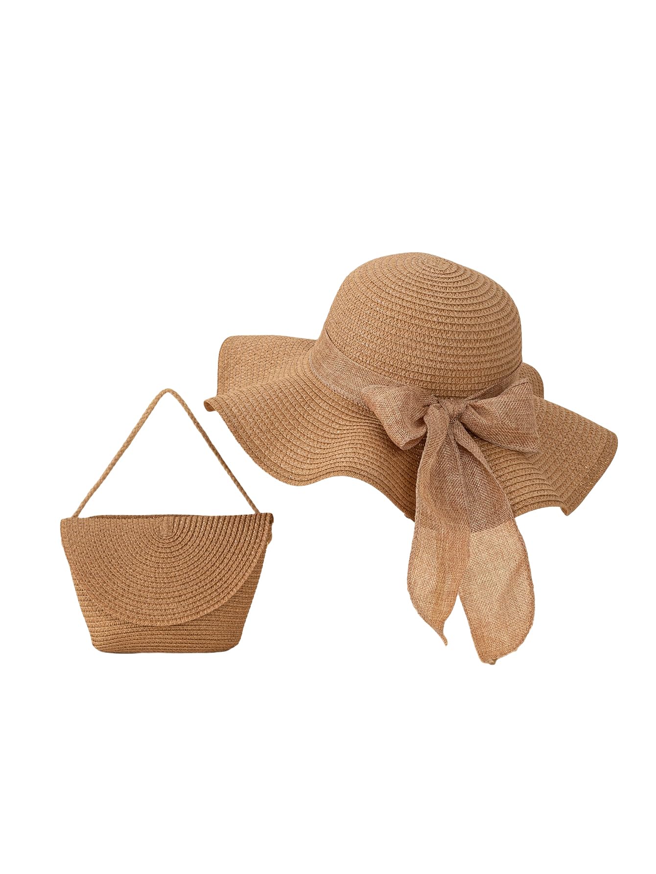 Verdusa Women's Bow Wide Brim Straw Sun Hat and Crossbody Straw Bag Set Khaki One-Size