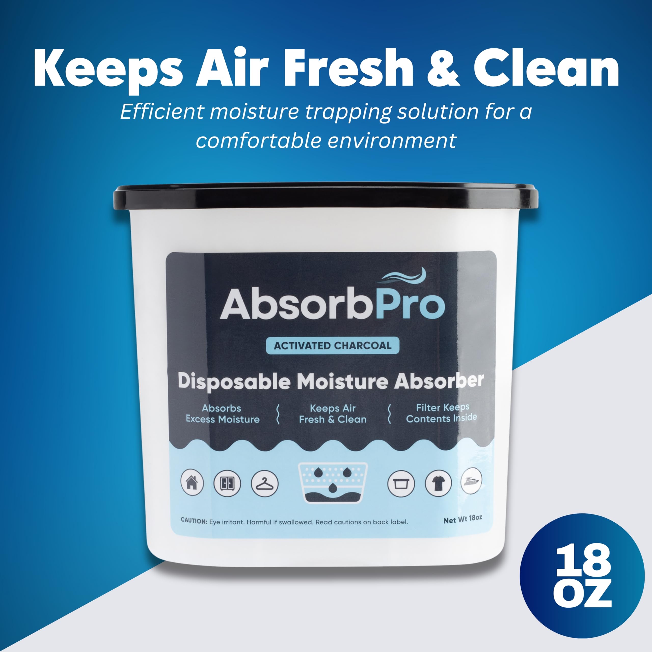 Absorb Pro - Moisture Absorber Tub with Activated Charcoal - 3-Pack - 18 oz Disposable Odor Eliminator Box & Dehumidifier for Garage, Home, Kitchen, Bedroom, Bathroom, Closet, Cars, and Boats